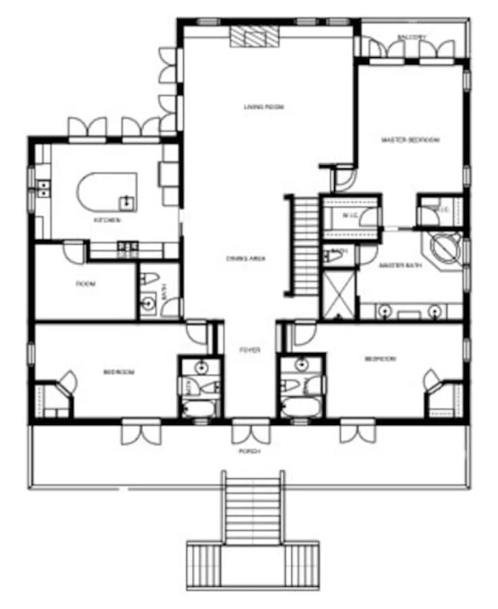 Floor plan of Bleu's main floor: living room, dining area, kitchen, primary suite and two bedrooms