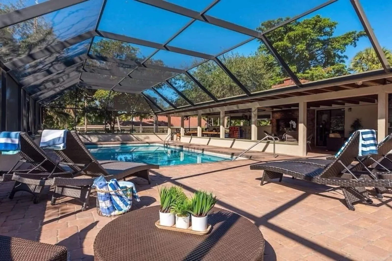 Loungers on the pool deck under the screen enclosure