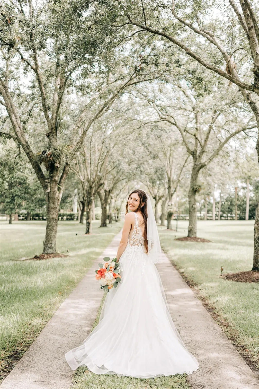 Bride on the oak-lined path
