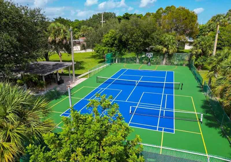 Aerial view of the lighted tennis and pickleball court