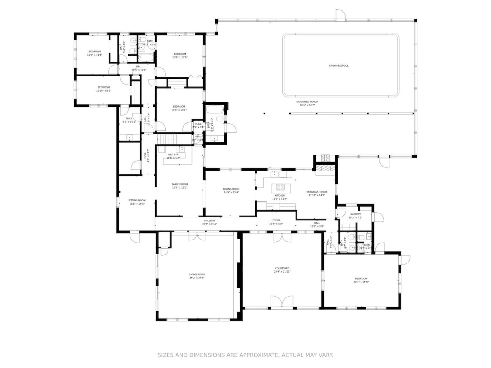 Floor plan of Grand Hacienda: bedrooms, family room, kitchen, living room, courtyard and the screened pool